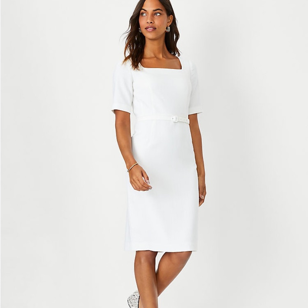 ANN TAYLOR The Square Neck Belted Sheath Dress in Herringbone White Size 0